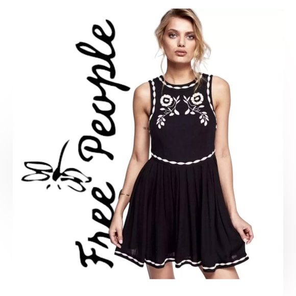 Free‎ People Birds of a Feather Black Embroidered Mini Dress Size 2 - Picture 1 of 15